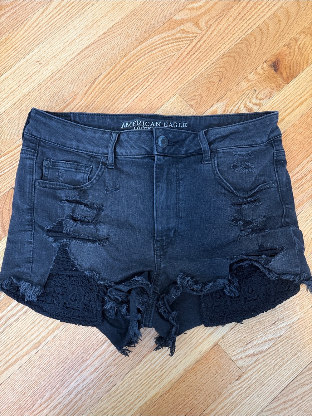 American Eagle Outfitters Black Distressed Denim Lace-Trim Shorts